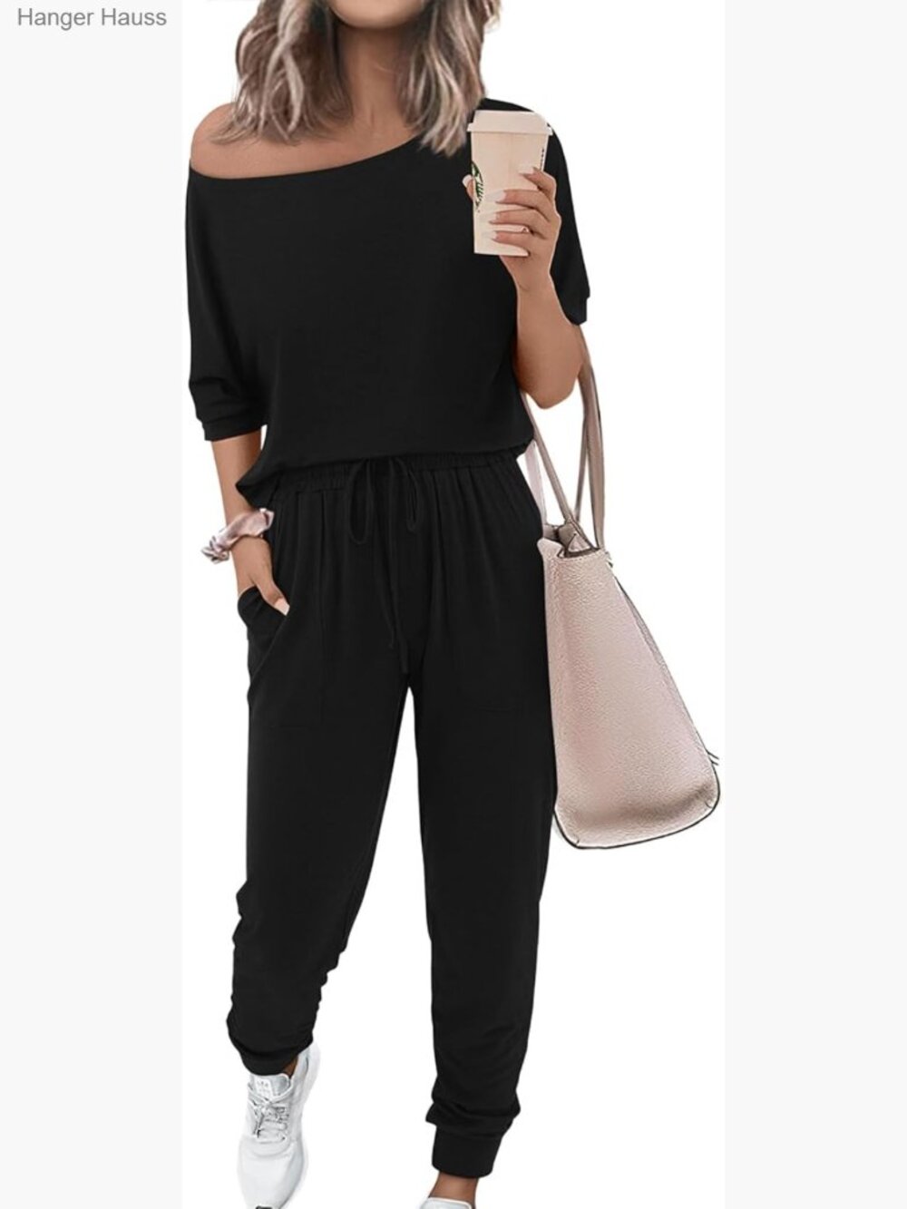 Off Shoulder Short Sleeve Tops Elastic Waist Drawstring Long Pants Tracksuit 2